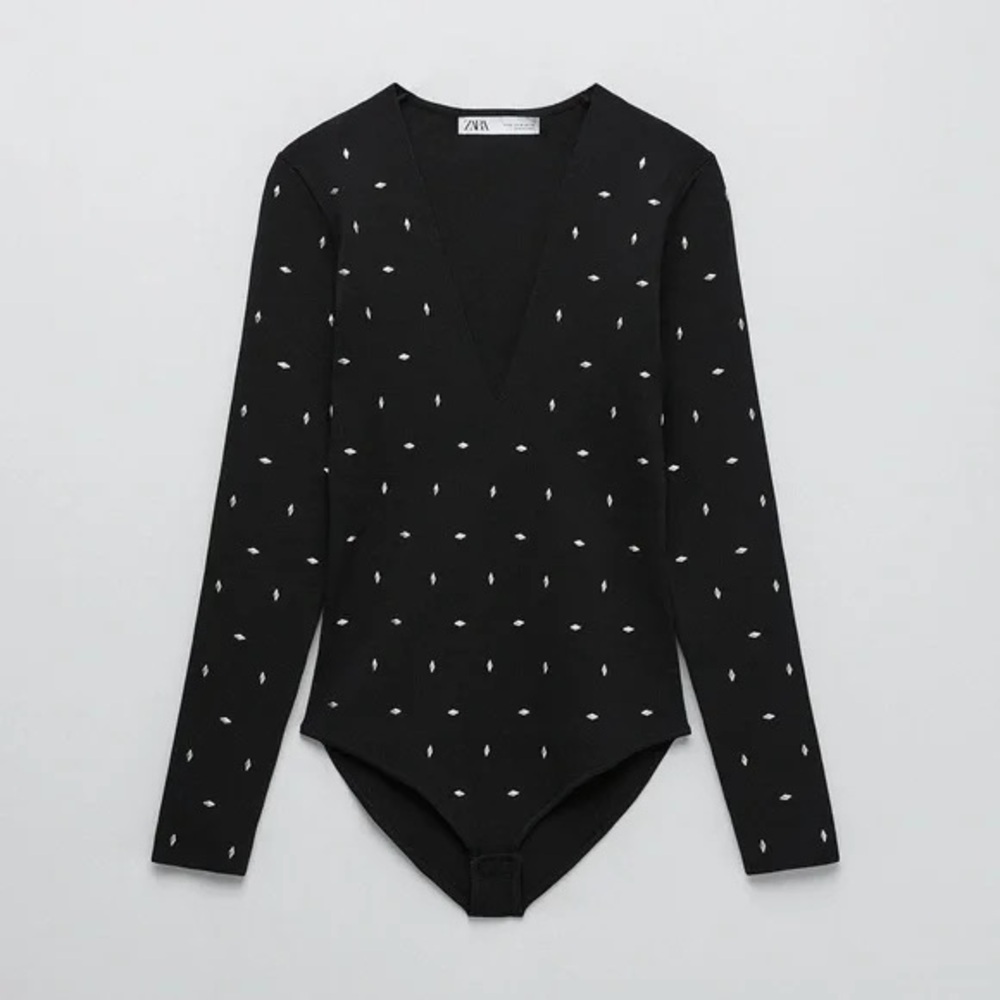 Zara Bodysuit V Neck Silver Studded Knit Sweater in Black Size Medium.